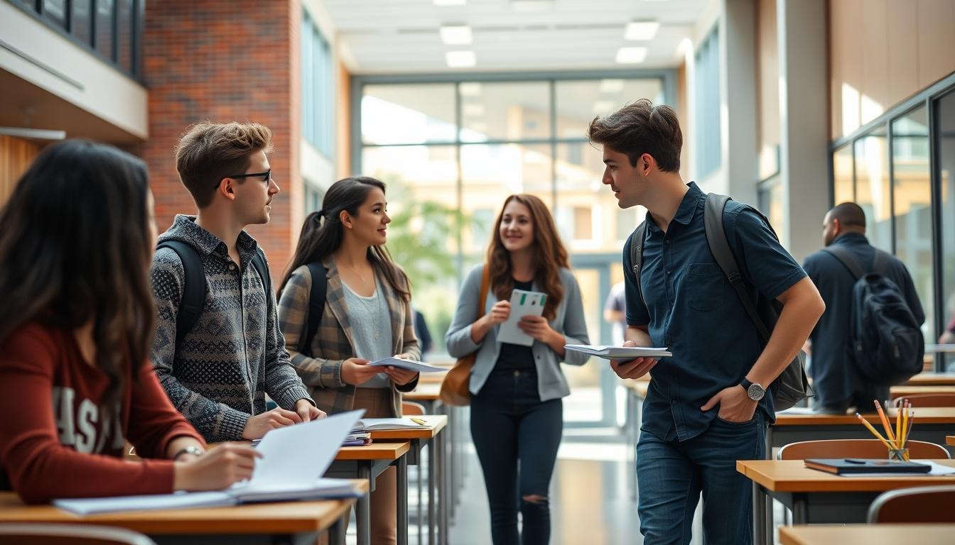 Students studying together in modern classroom